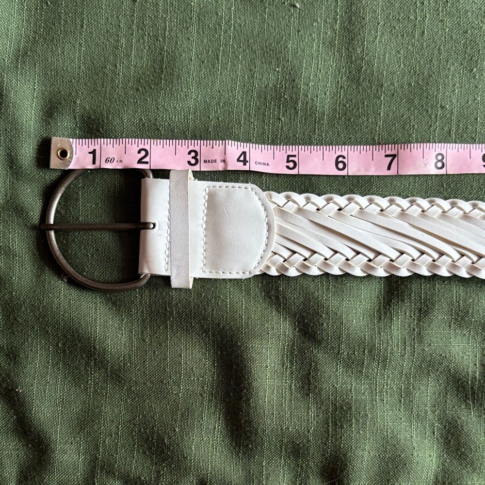 White Braided Leather Belt with Round Metal Buckle
